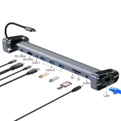Adaptador Hub Puerto Tipo-c A Soporte Para Notebook 10 En 1 Color Gris Oscuro